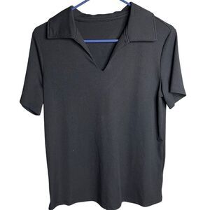 Stretchy Ribbed Collared Short Sleeve Top Black Size Large